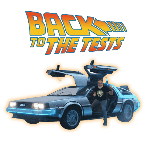 Joe Colantonio stands next to a DeLorean car