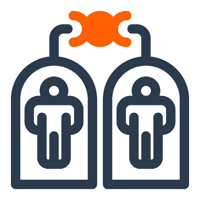 Two human figures in separate enclosures are connected at the top by orange tubes leading to a shared central shape, symbolizing organ or body part sharing.