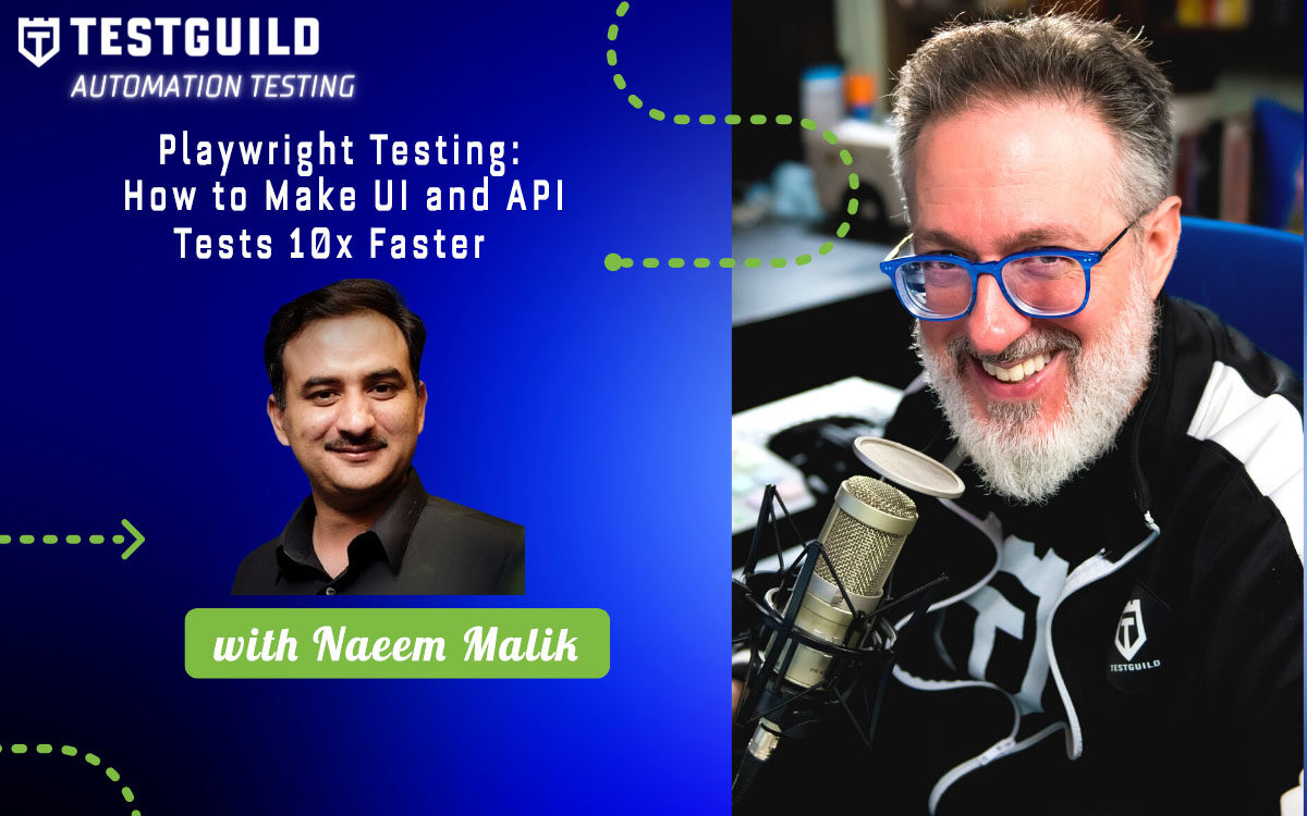 Two men featured in a promotional banner for TestGuild Automation Testing, highlighting a Playwright Testing session with Naeem Malik on making UI Tests and API Tests 10x faster.