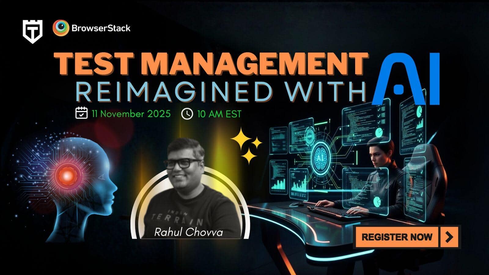 A promo banner for a webinar titled "Test Management Reimagined with AI" scheduled for 11 November 2025 at 10 AM EST, featuring Rahul Chowa and a registration button. A promo banner for a webinar titled "Test Management Reimagined with AI" scheduled for 11 November 2025 at 10 AM EST, featuring Rahul Chowa and a registration button.