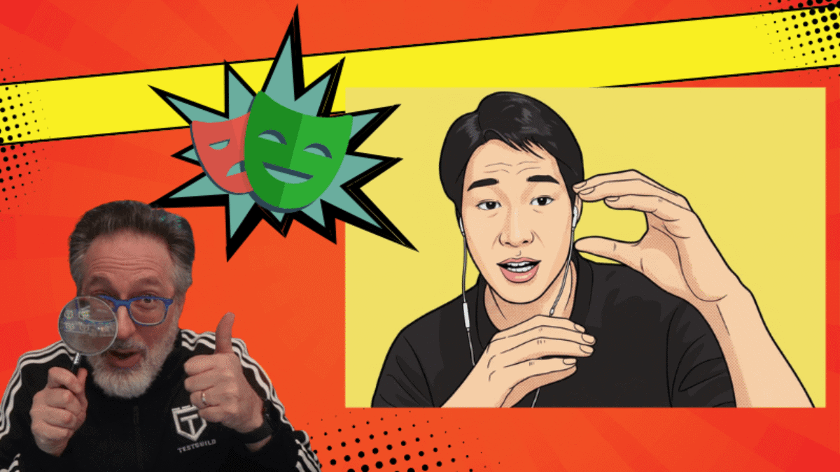 A man with glasses holds a magnifying glass and gestures thumbs up; next to him, an illustrated man uses hand gestures with two comedy-tragedy masks above them, symbolizing the role of Playwright AI Agents in automated testing.
