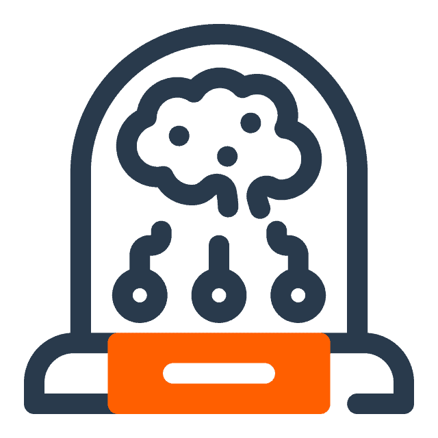 Icon of a brain inside a glass dome with three connected nodes below, representing artificial intelligence or machine learning.