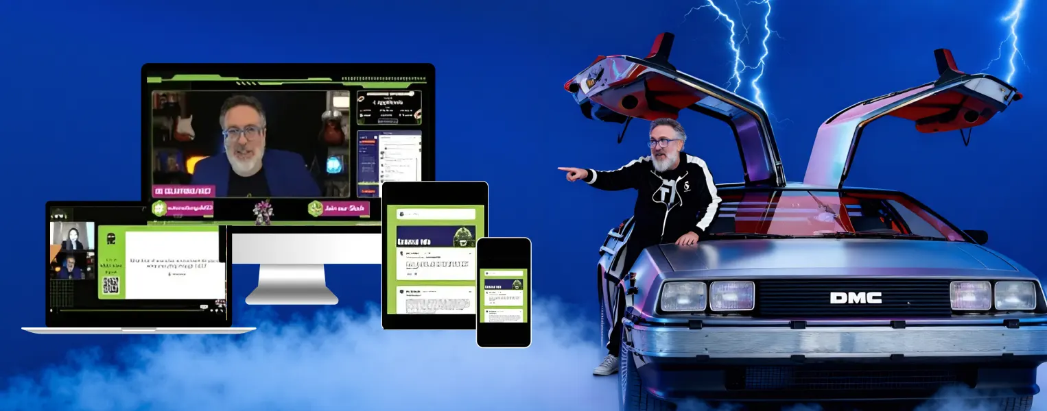 A man with gray hair and beard leans out of a DeLorean car with gull-wing doors, next to various digital devices displaying a video call interface on screens.