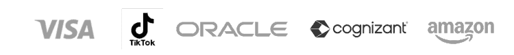 Logos of Visa, TikTok, Oracle, Cognizant, and Amazon displayed in grayscale on a white background.