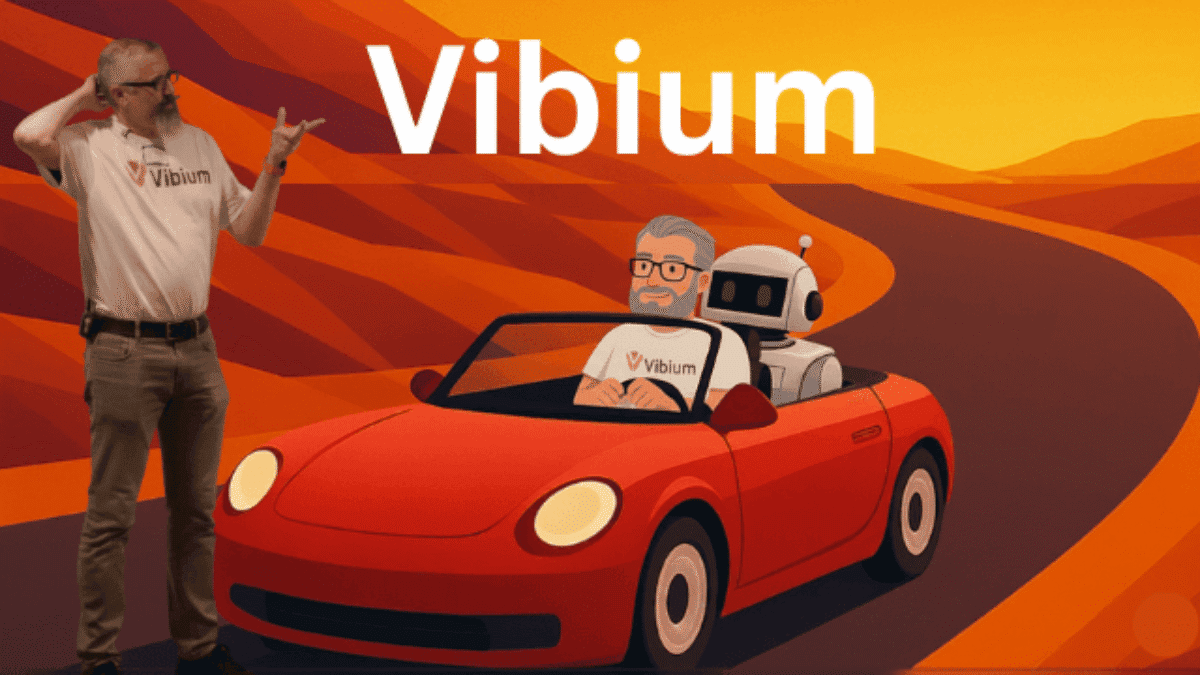 Jason Huggins in a Vibium shirt stands beside an illustration of a convertible car driven by a cartoon version of himself and a robot, symbolizing test automation with Selenium, with the word "Vibium" above them.
