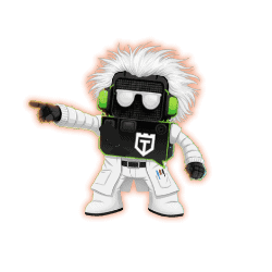 Cartoon character with wild white hair, wearing a white and black futuristic suit, green headphones, and sunglasses, pointing forward with its right hand.