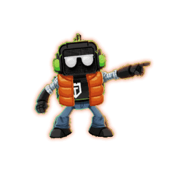 Cartoon robot wearing green headphones, white sunglasses, an orange vest, blue jeans, and a black shirt, pointing to the right.