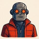 A robot with a metallic face, glowing orange eyes, and wearing a red jacket over a dark shirt, shown from the chest up against a plain background.