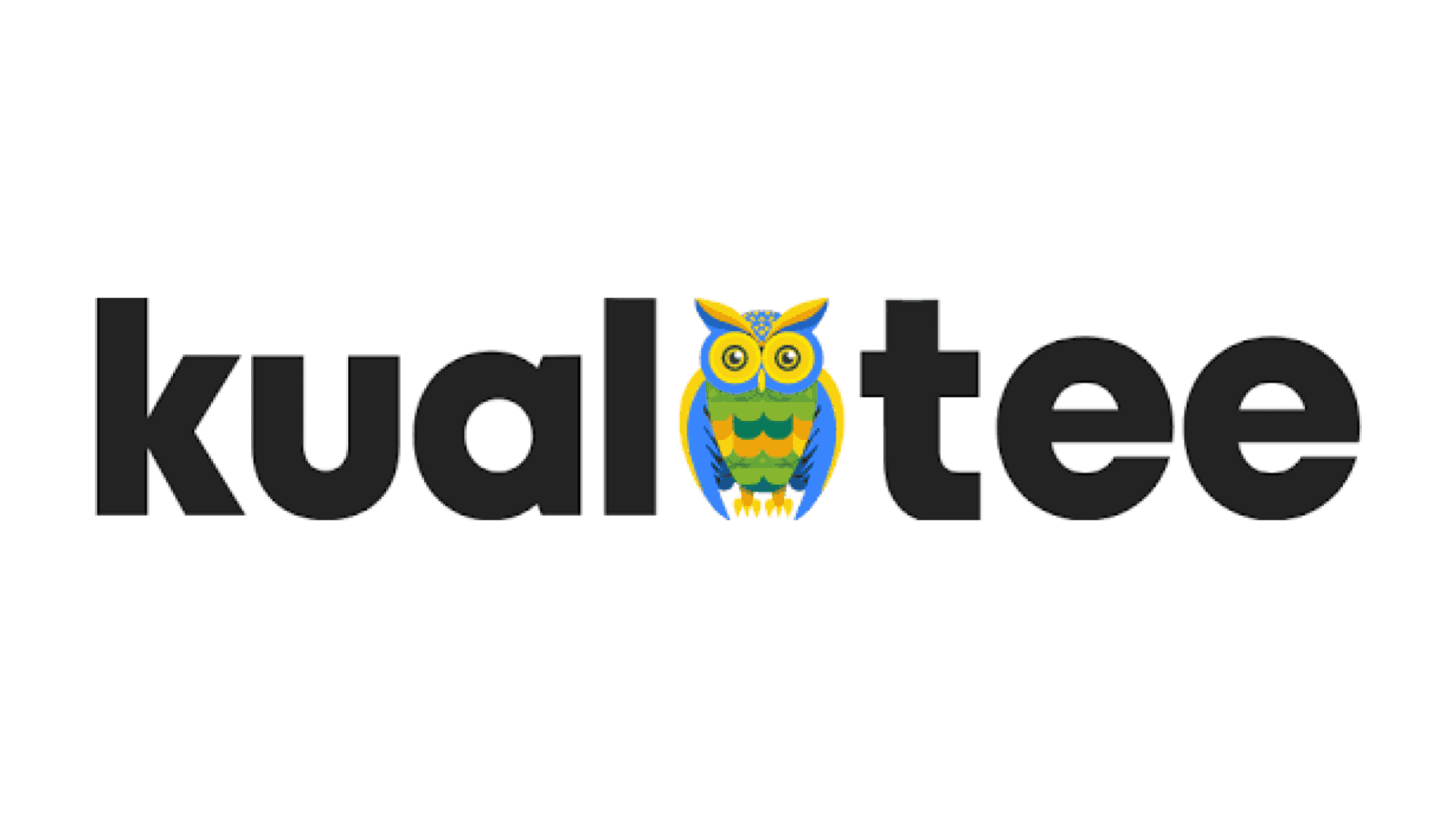The word "kualitee" is written in black lowercase letters, with a colorful owl illustration replacing the letter "i.
