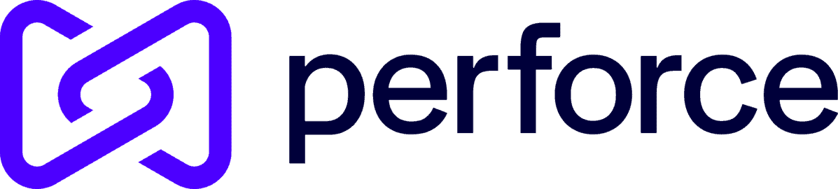 Perforce logo featuring a stylized, interlocking purple icon to the left of the word "perforce" in lowercase black letters.