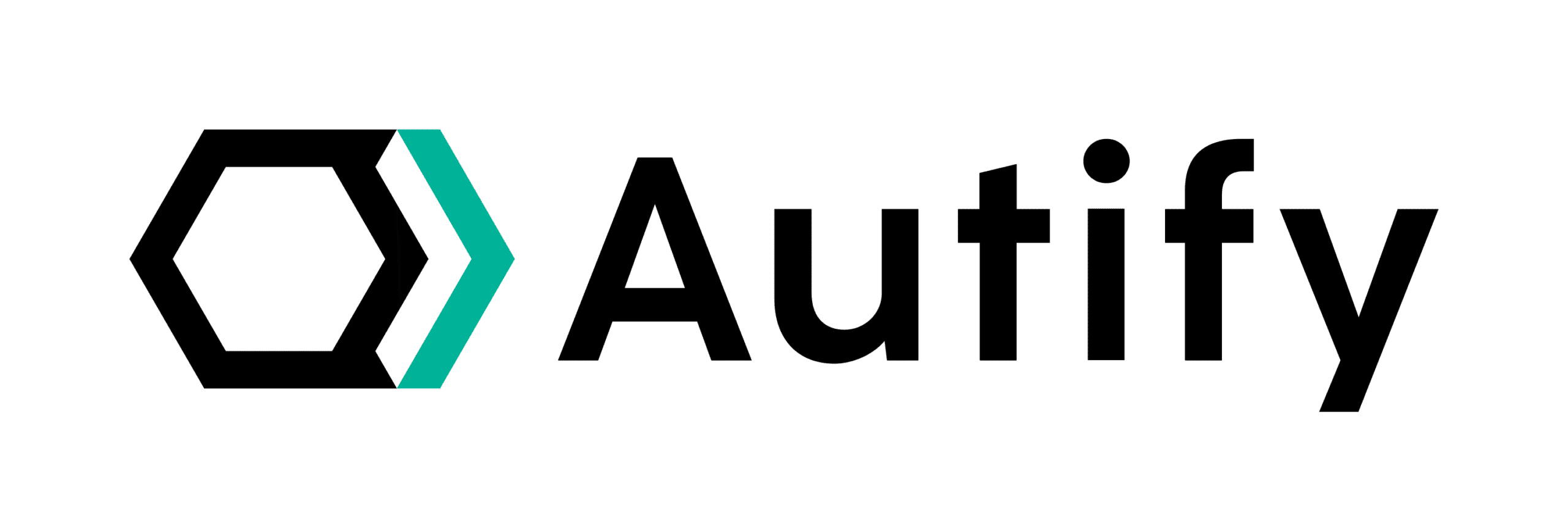 Autify logo with a black hexagon and two teal chevrons on the left, followed by the word "Autify" in black bold text.